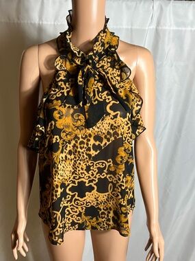 Free Press Ruffle Halter Top Black Gold Baroque Leopard Print Blouse S